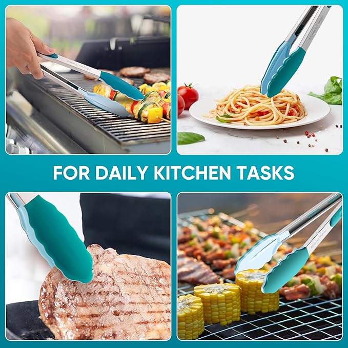 600℉ Heat Resistant Kitchen Tongs for Cooking with Silicone Tips,Maywe Tanso 17-Inch Stainless Steel Locking Cooking Tongs Food Tongs for BBQ,Salad and Serving Food,Heavy Duty,Non-Stick,Turquoise