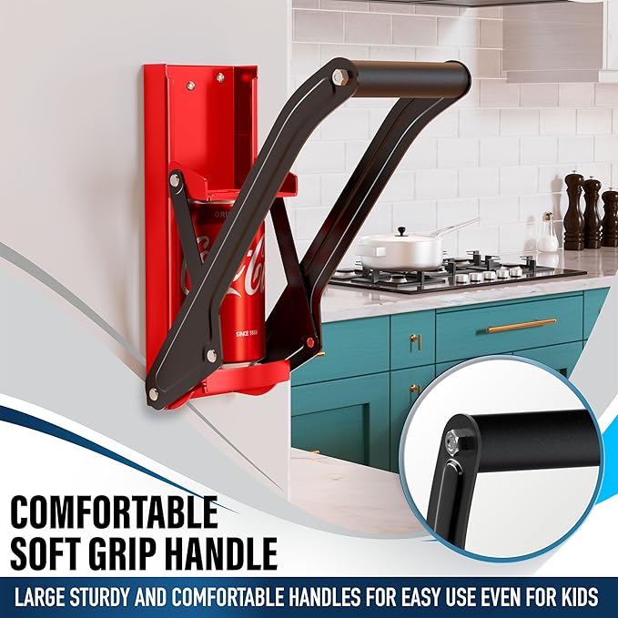 Can Crushers for Recycling - 16 oz Heavy Duty Aluminum Can Crusher Wall Mounted - Soda and Beer Can Smasher for Recycling with Bottle Opener - For 12 and 16 oz Cans - Easy to Install, Red - RamPro
