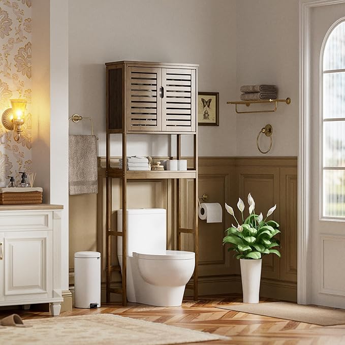 SMIBUY Bathroom Storage Shelf with Cabinet, Bamboo Over-The-Toilet Organizer Rack, Freestanding Toilet Space Saver with 3-Tier Adjustable Shelves (Walnut)
