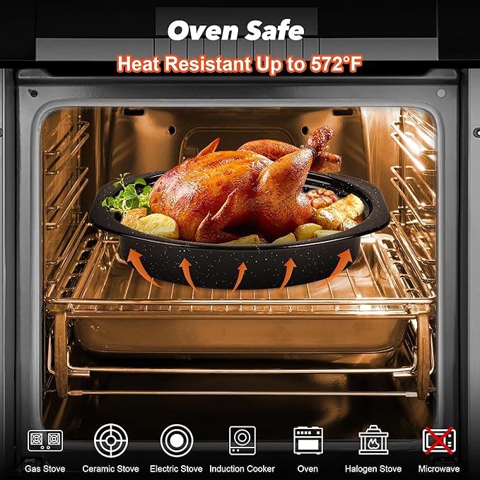 13” Roaster Pan with Lid and Rack, Small Enamel Roaster Pan with Oval Roasting Rack, Granite Baking Pot for Chicken Turkey Lamb, Heat Resistant, Oven/Dishwasher/All Stovestops Compatible