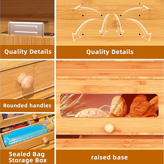 Bamboo Bread Box for Kitchen Countertop & Dining Room,Wooden Storage with Display Compartment & Built-in Bread Slicer,Eco-Friendly Organizer for Homemakers, Bakers & Bread Lovers ﻿