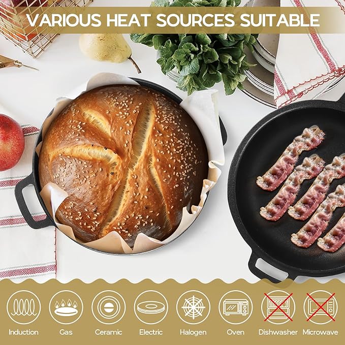 TeamFar Pre-season Cast Iron Dutch Oven with Skillet Lid, 2-in-1 Cast Iron Bread Pan Skillet Cookware with Dual Handles for Bread Baking, Frying, Camping, 5QT