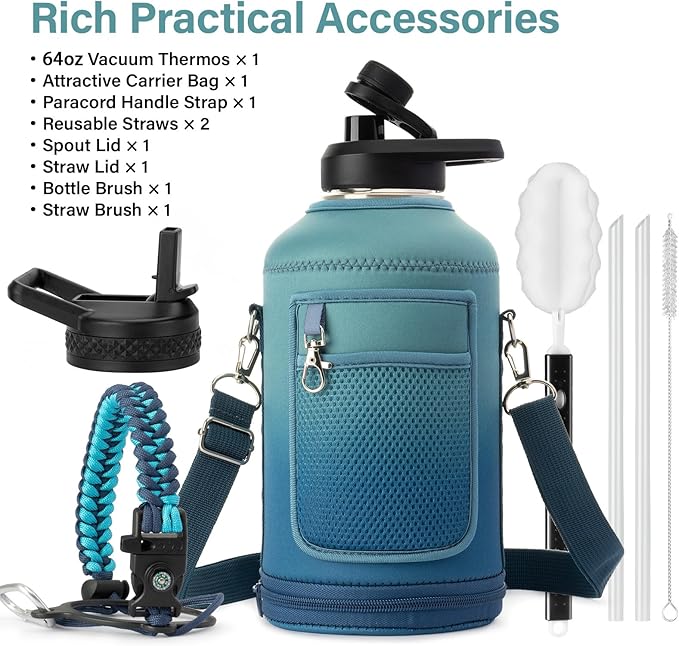 DYSANKY Insulated Water Bottle | Thickened Stainless Steel Vacuum Metal | Portable Sports Half Gallon Large Water Jug for Gym and Hiking with Straw, Carrier Bag, Handle Strap | BPA-Free 64 oz