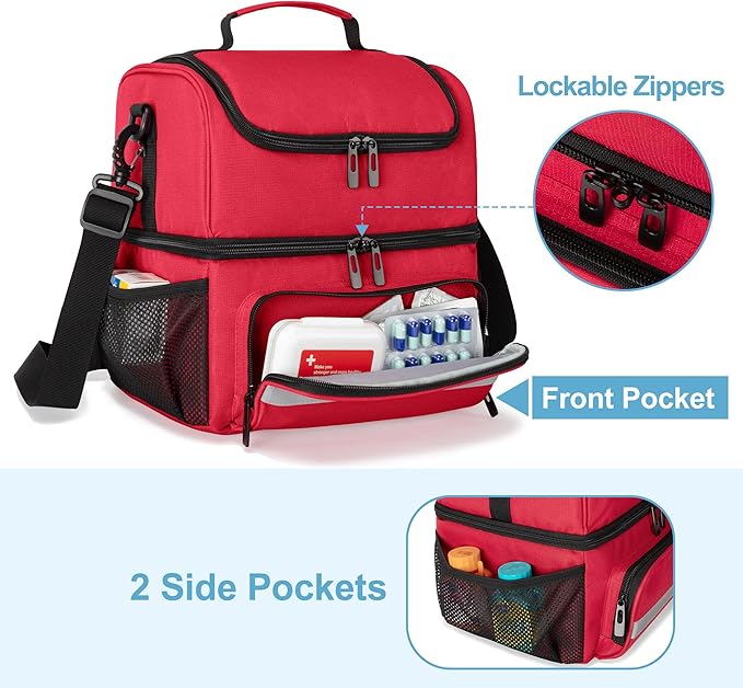 CURMIO Double Layers Medicine Storage Bag, Pill Bottle Organizer Bag with Inner Dividers, Medication Travel Bag for Vitamins, Supplements, Prescription Bottles, Medical Supplies, Red (Patent Design)