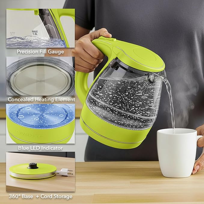 OVENTE Electric Kettle, 1.5L Borosilicate Glass Countertop Water Heater and Boiler for Coffee or Tea, BPA-Free, Auto Shut-Off, Boil-Dry Protection, Removable and Washable Spout Filter, Green KG83G