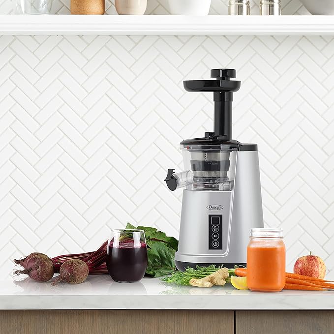 Omega Juicer Cold Press 365 Vertical 65 RPM Slow Masticating Compact Extractor for Fruits and Vegetables with 3 Stage Auger & BPA-Free Container, 150-Watts, Silver