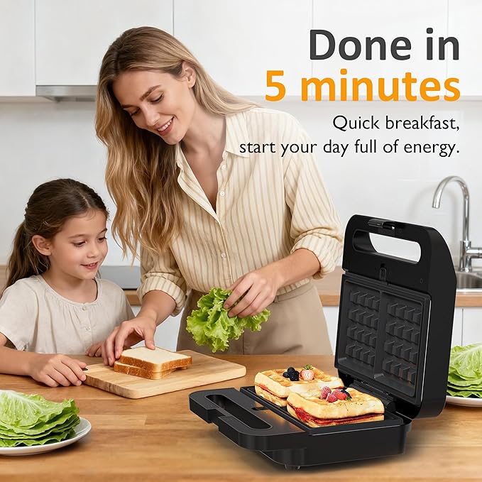 Sunvivi 3 in 1 Sandwich Maker, Electric Waffle Maker with Removable Non-stick Plates, 1000W Panini Press Grill with Glass Top, Cool Touch Handle & Easy to Clean, Black
