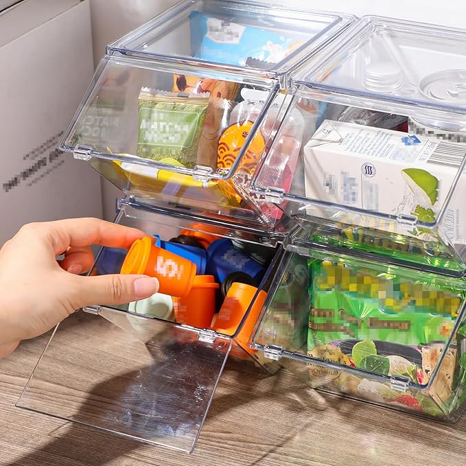Yerliker 4 Pcs Clear Plastic Storage Bins with Lids Large Stackable Pantry Storage Organizer Bins Kitchen Organization Cabinet Organizers Ideal Containers for Fridge, Kitchen, Cabinets (Clear)