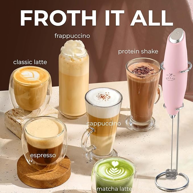 Zulay Kitchen Patented Tornado Triple Whisk Milk Frother with 4 Duracell Batteries – Handheld Foam Maker for Coffee, Lattes, Matcha & Hot Chocolate – Rich, Creamy Froth in Seconds - Candy