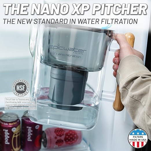 Epic Nano XP | Water Filter Pitchers for Drinking Water | 10 Cup | 150 Gallon Filter | Gravity Water Filter (Black & Bamboo)