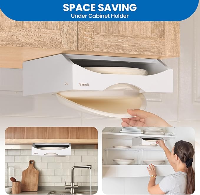 9-inch Paper Plate Dispenser Under Cabinet, Bamboo Paper Plate Holders, Kitchen Counter Vertical Plate Dispensers Holders Countertop Caddy(For 9-inch Plates, White)