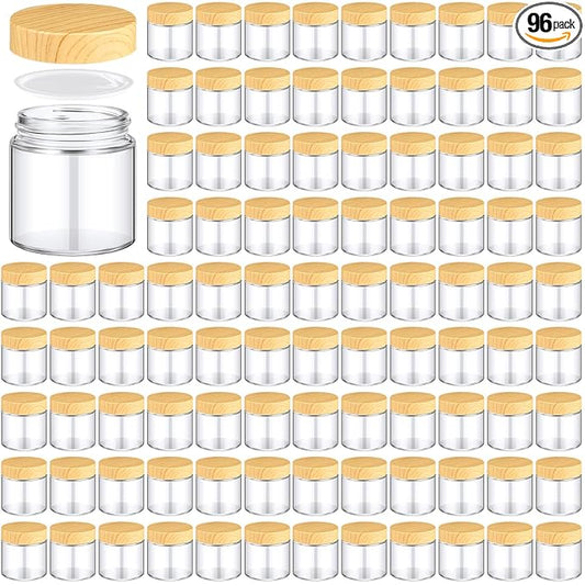 Norme 96 Pcs 4oz Glass Jars with Lids Empty Small Glass Containers and Inner Liners Reusable Cosmetic Jars Round Airtight Bottles with Plastic Wood Grain Lids for Travel Wedding Favors Gifts