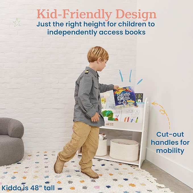 ECR4Kids 3-Shelf Floor Book Display with Handles and Storage, 30in, Kids Bookshelf, White Wash