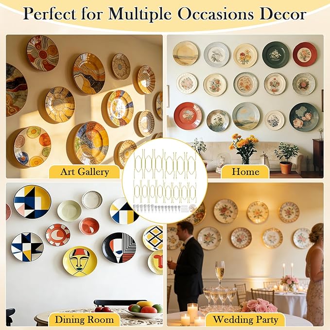 14 Pack Plate Hangers for Wall Display, 6/8/10/12 Inch Invisible Stainless Steel Plate Holders with Wall Hooks, Fit 5.5–12.5 Inch Decorative Plates, Plate Display Hangers for Home Wall Decor, Gold
