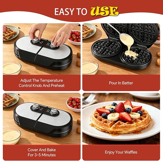 Double Waffle Maker, 6.5" Belgian Waffle Maker with 2 Independent Adjustable Temp Knobs, 1200W Waffle Iron with Nonstick Plates for Breakfast and Snacks, Easy to Clean, Stainless Steel, Black