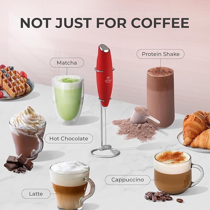 Zulay Kitchen Powerful Milk Frother Wand With 4 AA Duracell Batteries - Ultra Fast Handheld Drink Mixer - Electric Whisk Foam Maker for Coffee, Lattes, Cappuccino, Matcha & Creamer - Cardinal Red