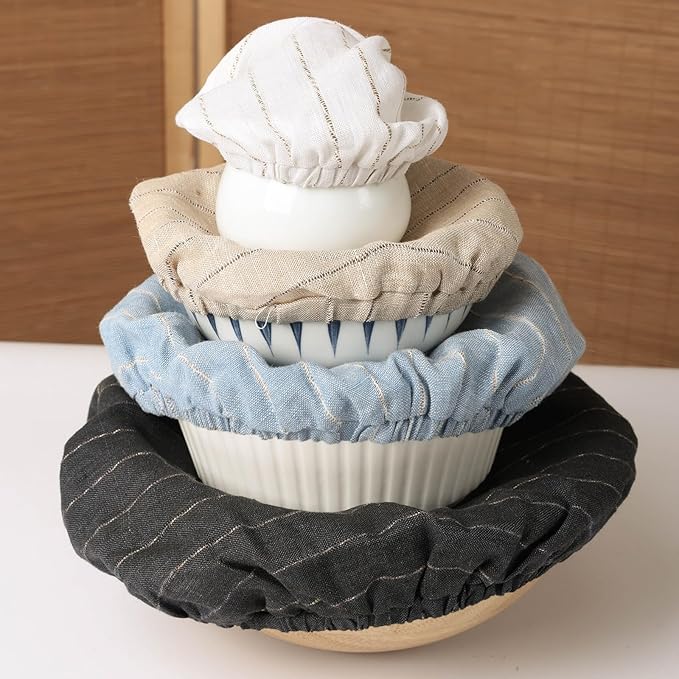 100% Linen Stripe Bowl Covers Reusable For Bread Proofing, 4 Pcs Elastic Cloth Fabric Bowl Covers, 5.9*7.9*9.8*11.8 Inches, Grey