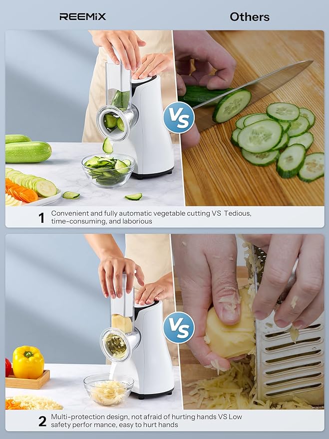 Electric Cheese Grater, Reemix 5 Multi Blade Cheese Shredder Salad Maker, One Touch Easy Control, Multi Salad Maker for Vegetables, Cheeses and Nuts, White