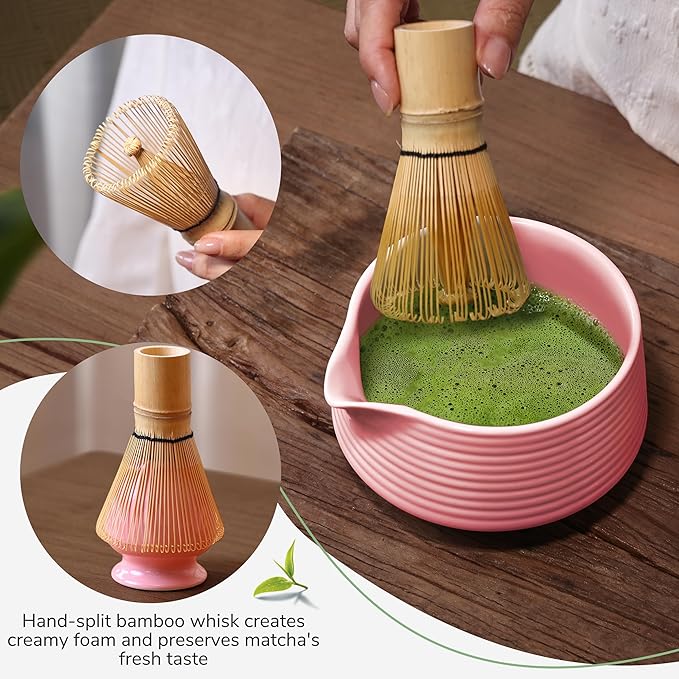 HELPLX Matcha Whisk Set 10-Piece Japanese Matcha Kit with BowlWhisk & Holder2 Tea CupsBamboo ScoopSpoonSifterScoop Rest & Tea Towel – Pink Matcha Tea Set for Ceremony or Daily Use