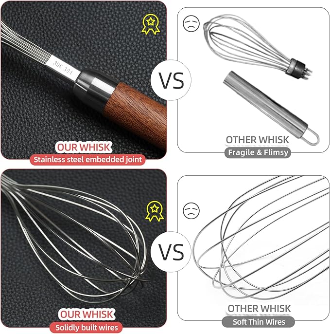 Whisk for Cooking,Stainless Steel Wire Wooden Handle Kitchen Multi Function Non Stick Balloon Whisk Egg Beater for Blending Whisking Beating Frothing Stirring Batters (11"L x 2.1"W)