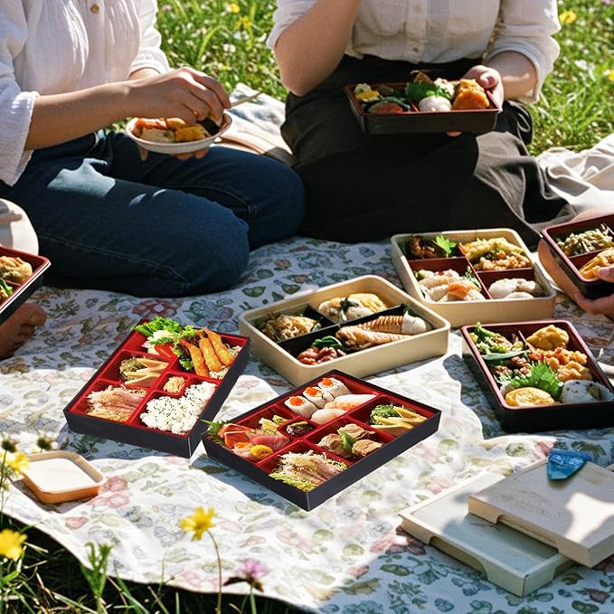 Teenyyou 2 Pcs 12 x 9.5 x 2.2 Inch Japanese Bento Box 6 Compartments Divided Lunch Box with Greaseproof Adult Japanese Bento Lunch Container Sushi Home Restaurant