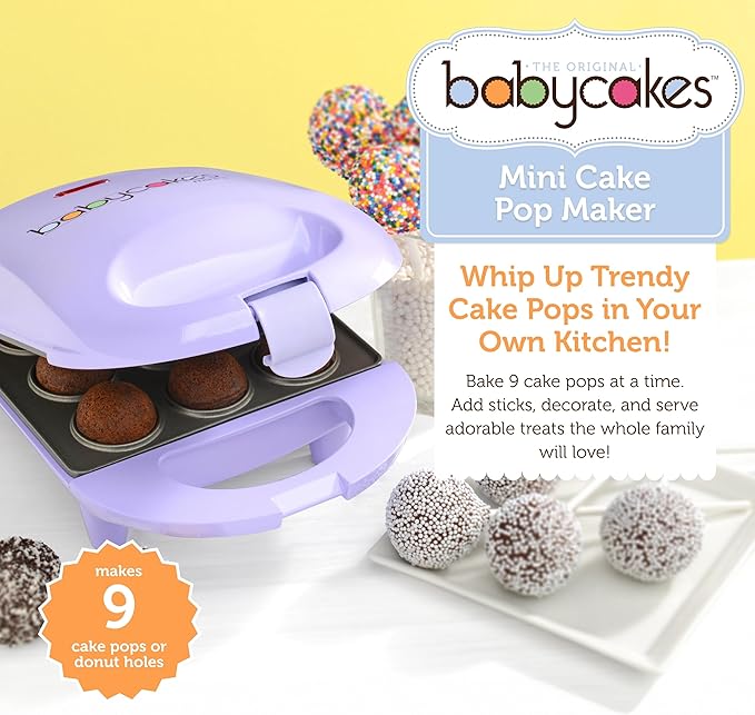 Babycakes Mini Cake Pop Maker by Select Brands - Easy-to-Use Machine - Recipes Included - Non-Stick Coating, Non-Skid Feet & Power Light - Makes 9 Cake Pops