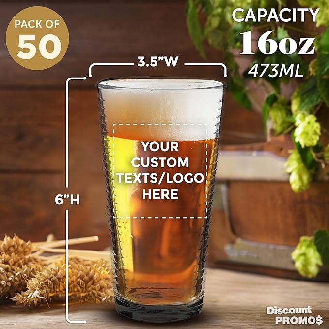 Custom Spiral Pint Glass 16 oz. Set of 50, Personalized Bulk Pack - Beer Glasses, Heavy Duty Drinkware - Clear