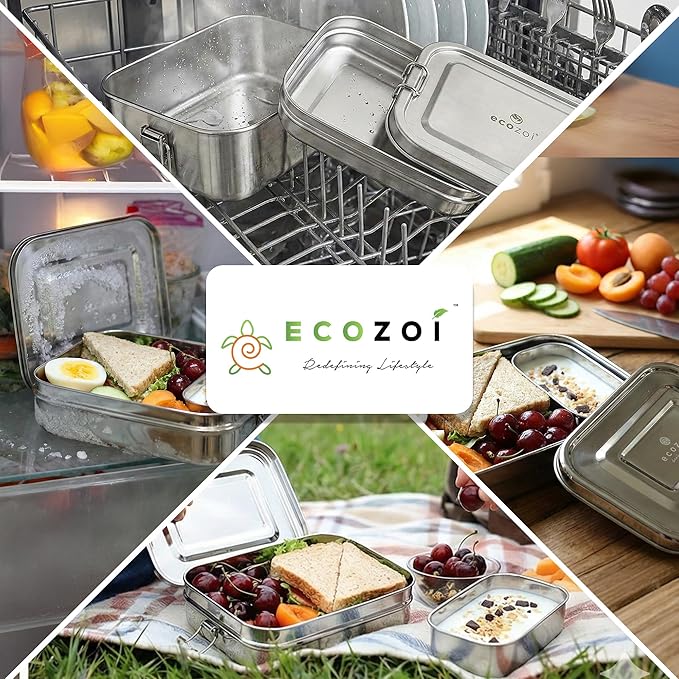 ecozoi Leak Proof Stainless Steel Lunch Box, 3-in-1 Eco Bento Box | Redesigned Silicone Seal + Bonus Lunch Pod | Sustainable Tiffin Eco Friendly Metal Bento Box Food Storage Containers