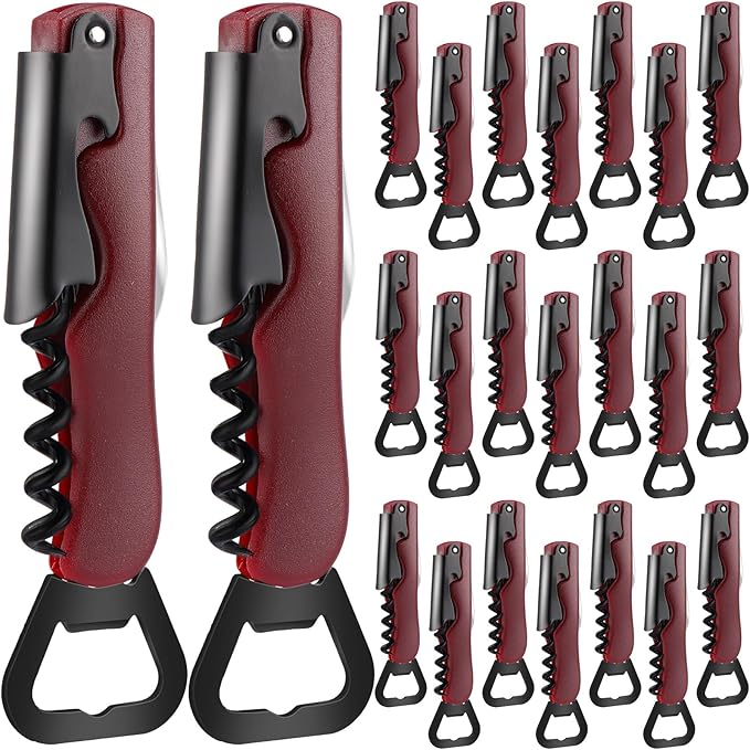 Hushee 24 Pcs Wine Opener Bulk with Foil Cutter Corkscrew Key 3 in 1 Red Bottle Opener Professional Stainless Steel Beer Corkscrew for Beverages Bartenders Summer Party(Wine Red)