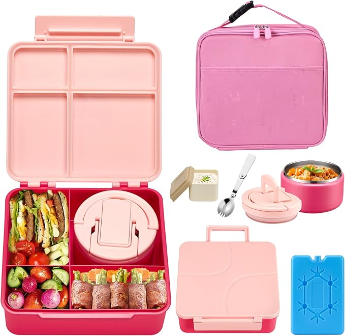Bento Lunch Box with 8oz Soup Thermo,Kids Leakproof 4 Compartment Lunch Food Containers with Sauce Cup and Ice Pack,Kids Thermo Insulated Hot Food Jar and Lunch Bag for School,Trvael-Pink