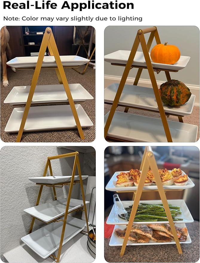 YHOSSEUN 3 Tier Serving Tray, Porcelain Tiered Tray Stand, 10+12+14 Inch Serving Platters and Trays with Collapsible Sturdier Rack, 3 Tiered Serving Stand Dessert Stands Treat Table Display Set, Gold