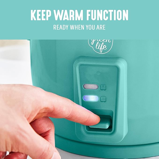 GreenLife Rice Cooker with Removable PFAS-Free Ceramic Nonstick Pot, 3-Cups Uncooked/6-Cups Cooked, Grains & Oatmeal Multicooker, Compact One-Switch Design, Auto Keep Warm, Easy Clean, Turquoise
