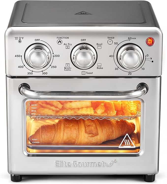 Elite Gourmet Compact 8.5Qt Air Fryer Oven – Mini Countertop Air Fryer with Adjustable Time & Temperature Controls, 800W, Includes Air Fry Basket, Bake Pan & Recipes, Stainless Steel