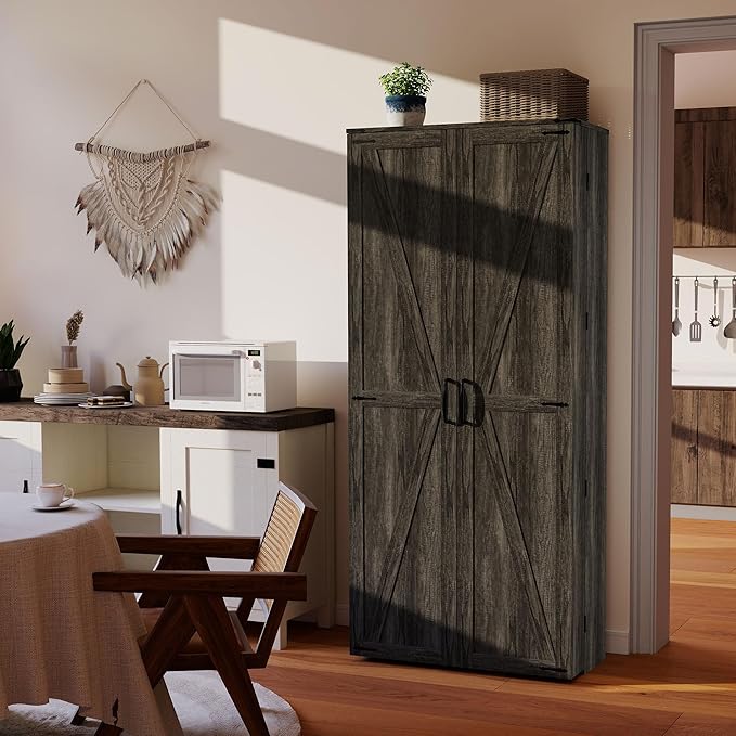 Tall Kitchen Pantry Cabinet: Food Pantry Cabinets for Kitchen Storage, Grey Wood Storage Cabinet with 2 Doors, Farmhouse Cabinets with Freestanding Cupboard (Grey)