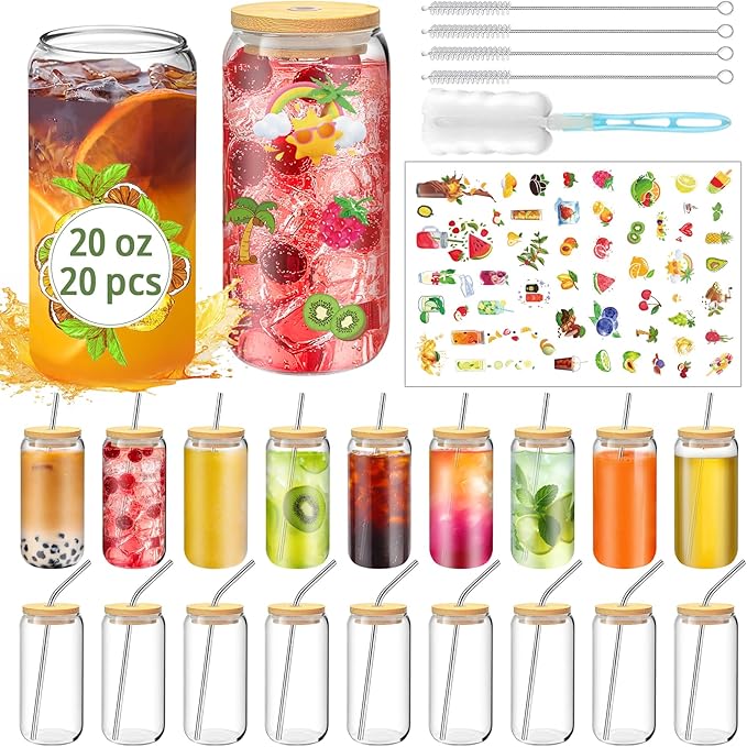 PeacePeo 20 OZ Glass Cups with Lids and Straws, 20 Pack Drinking Glasses with Bamboo Lids Stylish Glass Beer Can Cups with Stainless Steel Straws Iced Coffee Cup Great for Soda Boba Tea Cocktail
