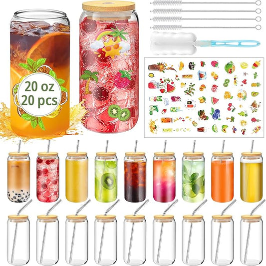 PeacePeo 20 OZ Glass Cups with Lids and Straws, 20 Pack Drinking Glasses with Bamboo Lids Stylish Glass Beer Can Cups with Stainless Steel Straws Iced Coffee Cup Great for Soda Boba Tea Cocktail