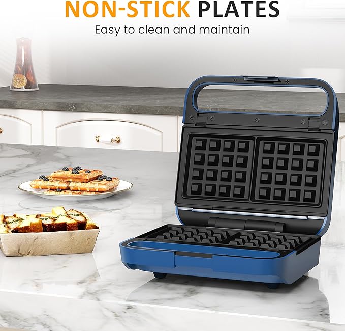Sunvivi 3 in 1 Sandwich Maker, Electric Waffle Maker with Removable Non-stick Plates, 850W Panini Press Grill with Glass Top, Cool Touch Handle & Easy to Clean, Blue