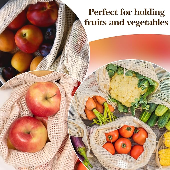 MAQIHAN 6 Pack Reusable Produce Bags Cotton Mesh Produce Bags Mesh Storage Produce Bags Reusable Durable Double Stitched With Drawstring Produce Bag For Vegetables,Fruit & Grocery Shopping (2L,2M,2S)
