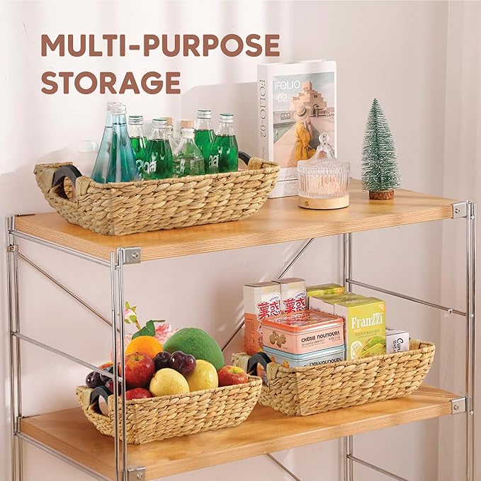Greenatural Water Hyacinth Storage Baskets Set of 3, Handwoven Rectangular Organizer with Wooden Handles, 3 Different Sizes, Nested Wicker Baskets for Shelf, Bathroom, Kitchen, Office, Natural Decor