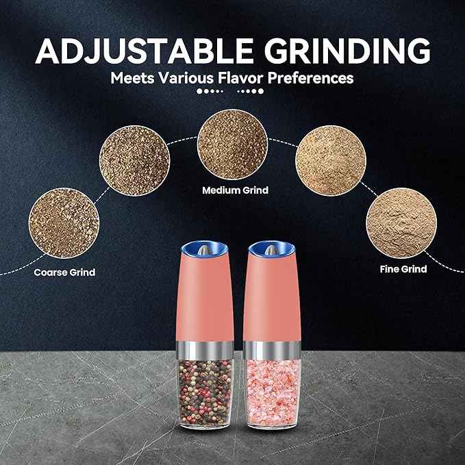 Gravity Electric Salt and Pepper Grinder set of 2, Automatic Salt And Pepper Grinder Set, Adjustable Roughness, Battery Powered, LED Light, 2 Pack, (Pink)