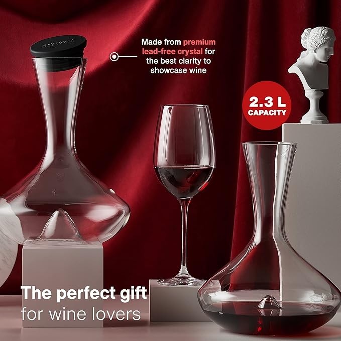 Vintorio Citadel Wine Decanter with Stopper - Hand Blown, Lead-Free Crystal Glass - Extra Durable Sommelier's Red Wine Carafe with Aerating Punt and Silicone Lid (78 oz Capacity)