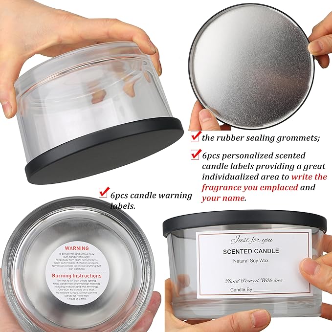 MILIVIXAY 6 Pack 24 oz Candle Jars with Metal Lids and Candle Making Kits - 3 Wick Candle Jar,Bulk Empty Clear Thick Glass Jars for Making Large Candles - Spice, Powder Containers.