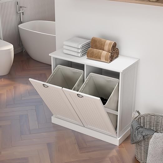 RASOO Double Tilt Out Trash Cabinet White Free Standing Laundry Sorter Cabinet with Removable Two-Compartment Tilt-Out Hamper Clothes Basket