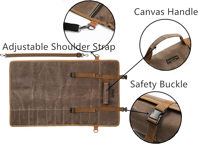 Denifiter Professional Chef's Knife Bag with Anti Cutting Fabric Inside, Heavy Duty 16oz Waxed Canvas Knife Roll, 11 Slots & Durable Handle Adjustable Shoulder Strap (Grey)