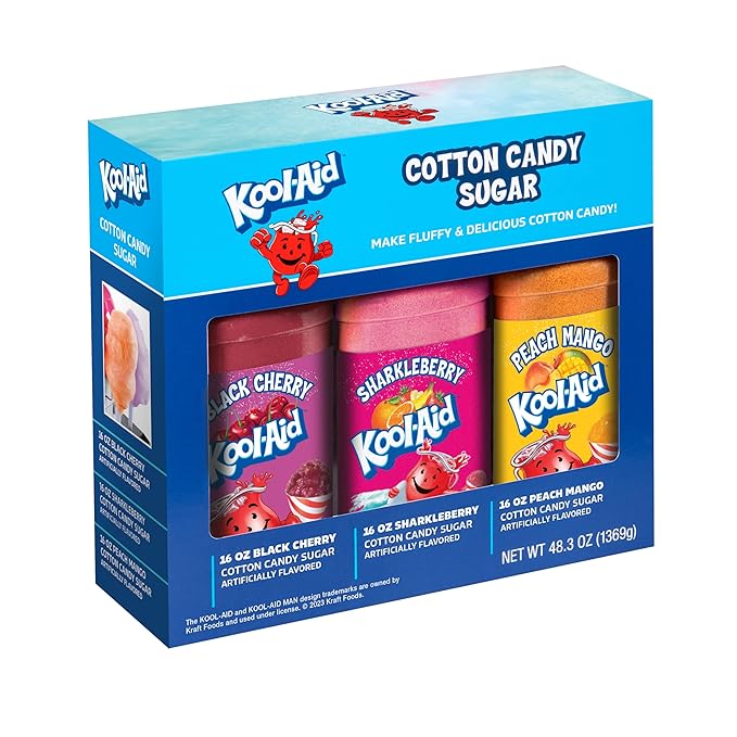 Nostalgia Kool-Aid Cotton Candy Variety Kit – 3 Flossing Sugar Flavors (Black Cherry, Sharkleberry, Peach Mango) – 7-oz Bottles – Compatible with Cotton Candy Makers – Party Supplies