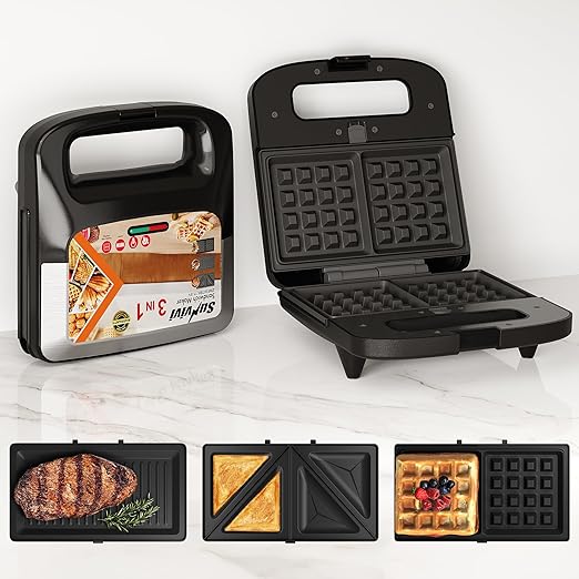 SUNVIVIPRO 3 in 1 Waffle, Grill & Sandwich Maker, Sandwich Maker Panini Press Waffle Iron Set with Removable Non-Stick Plates & Indicator Lights, Panini Press Grill for Breakfast, 800W, Silver