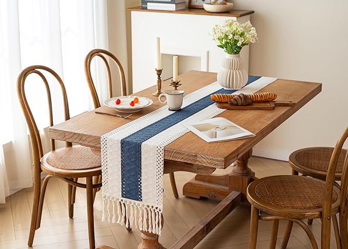FEXIA Boho Table Runner for Home Decor with Tassels 60 Inches Long,Blue Farmhouse Rustic Table Runner Macrame Burlap Table Decoration for Living Room Bridal Shower(12x60 Inches)