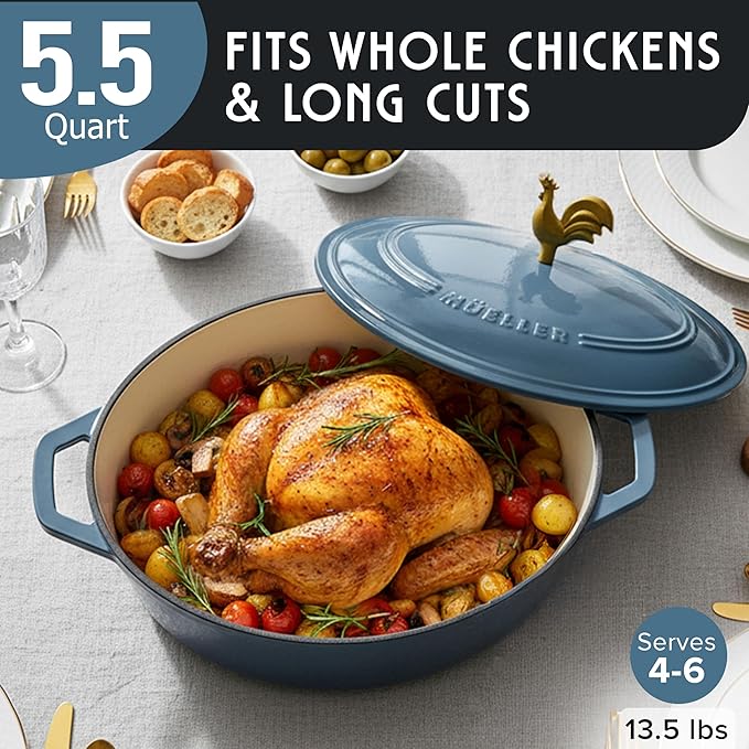 MUELLER HOME 5.5 Quart Enameled Cast Iron Oval Dutch Oven w Rooster Knob & Cotton Potholders, Heavy-Duty Cookware, Oven-Safe up to 500° F & Across All Cooktops, Gifts for Grandma & Women, Mineral Blue
