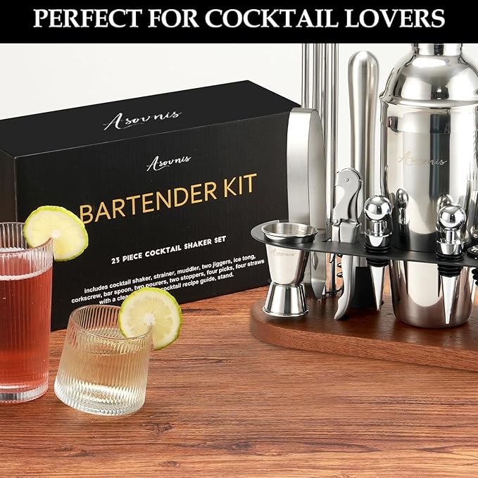 23-Piece Bartender Kit, Cocktail Shaker Set with Stand | Bar Set Drink Mixer Set with All Essential Bar Tools: Martini Shaker,Bar Mixer Spoon, Jigger, Strainer, Muddler, Pourers, for Home, Bar, Party