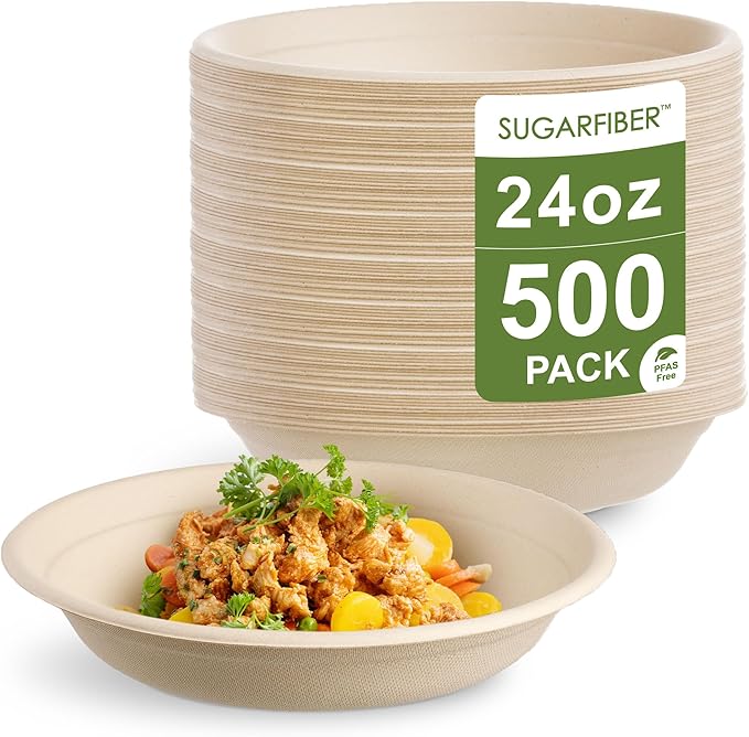 [500 COUNT]Sugarfiber by Harvest Pack PFAS FREE 24oz Round Soup Paper Bowls - Compostable Heavy-Duty Eco-Friendly Disposable Bagasse Bowl sugarcane made plant fibers for Meal Prep